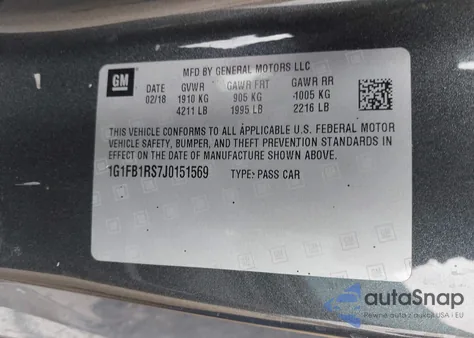 2018 Chevrolet Camaro 1Lt from USA, damaged, VIN 1G1FB1RS7J0151569